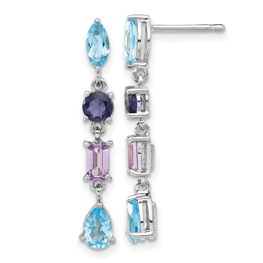 Sterling Silver Rhodium Amethyst Blue Topaz And Iolite Dangle Earrings