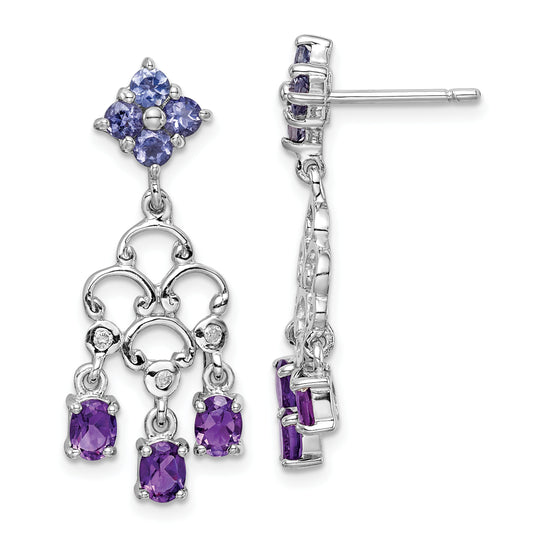 Sterling Silver Rh Plated Amethyst Iolite And Diamond Dangle Earrings