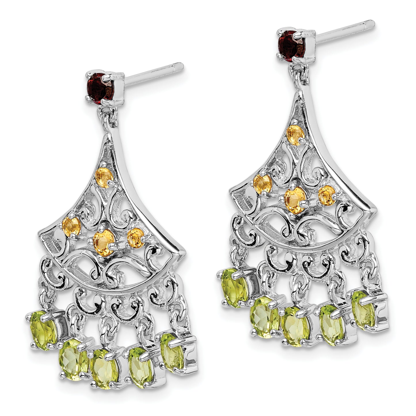 Sterling Silver Rhodium-Plated Garnet Citrine And Peridot Dangle Earrings