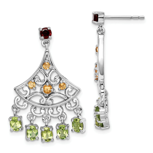 Sterling Silver Rhodium-Plated Garnet Citrine And Peridot Dangle Earrings