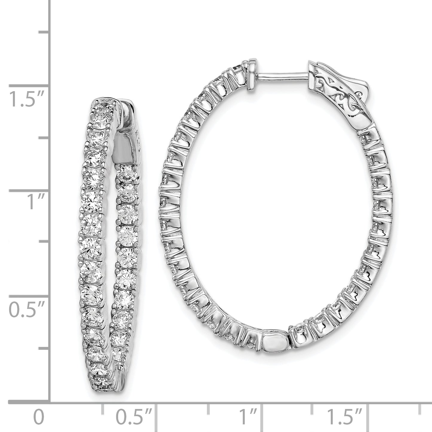 Sterling Silver Shimmer Rhodium-Plated 54 Stone 2.5mm Cz In And Out Oval Hinged Hoop Earrings