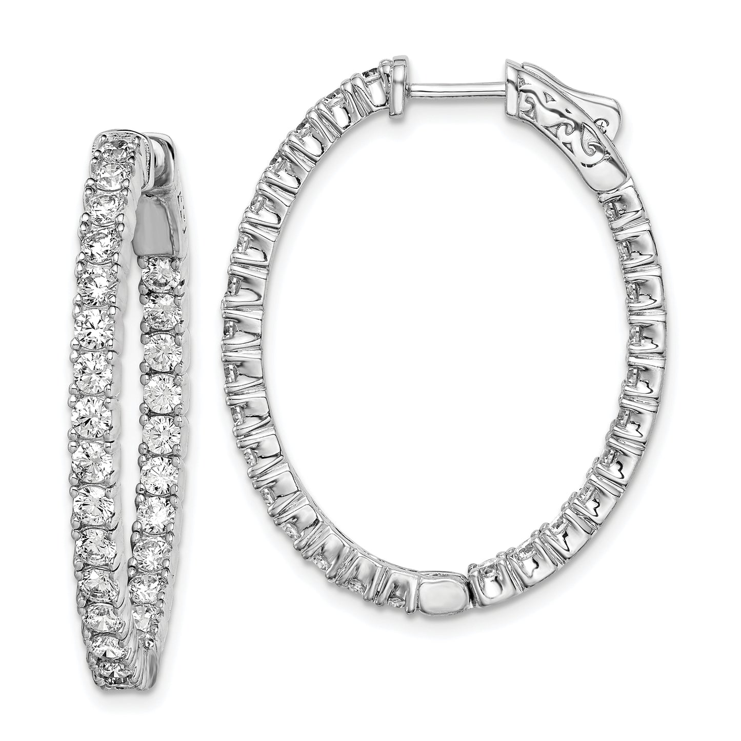 Sterling Silver Shimmer Rhodium-Plated 54 Stone 2.5mm Cz In And Out Oval Hinged Hoop Earrings