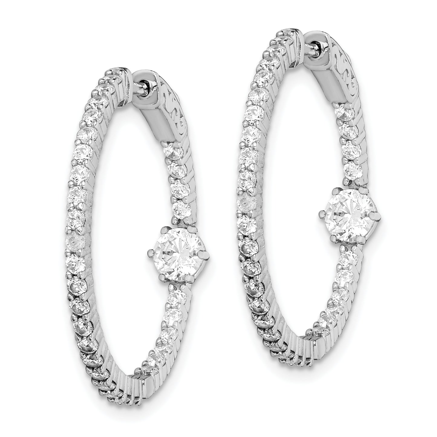 Sterling Silver Shimmer Rhodium-Plated 64 Stone Cz Fancy In And Out Round Hinged Hoop Earrings