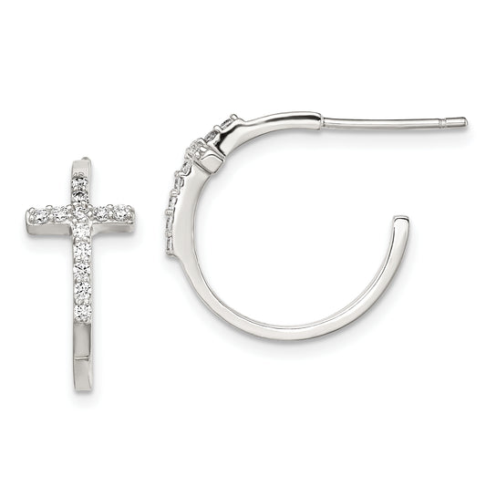 Sterling Silver Rhodium-Plated Cz Cross Hoop Earrings