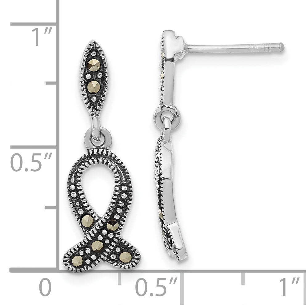 Sterling Silver Antiqued Marcasite Awareness Ribbon Dangle Earrings