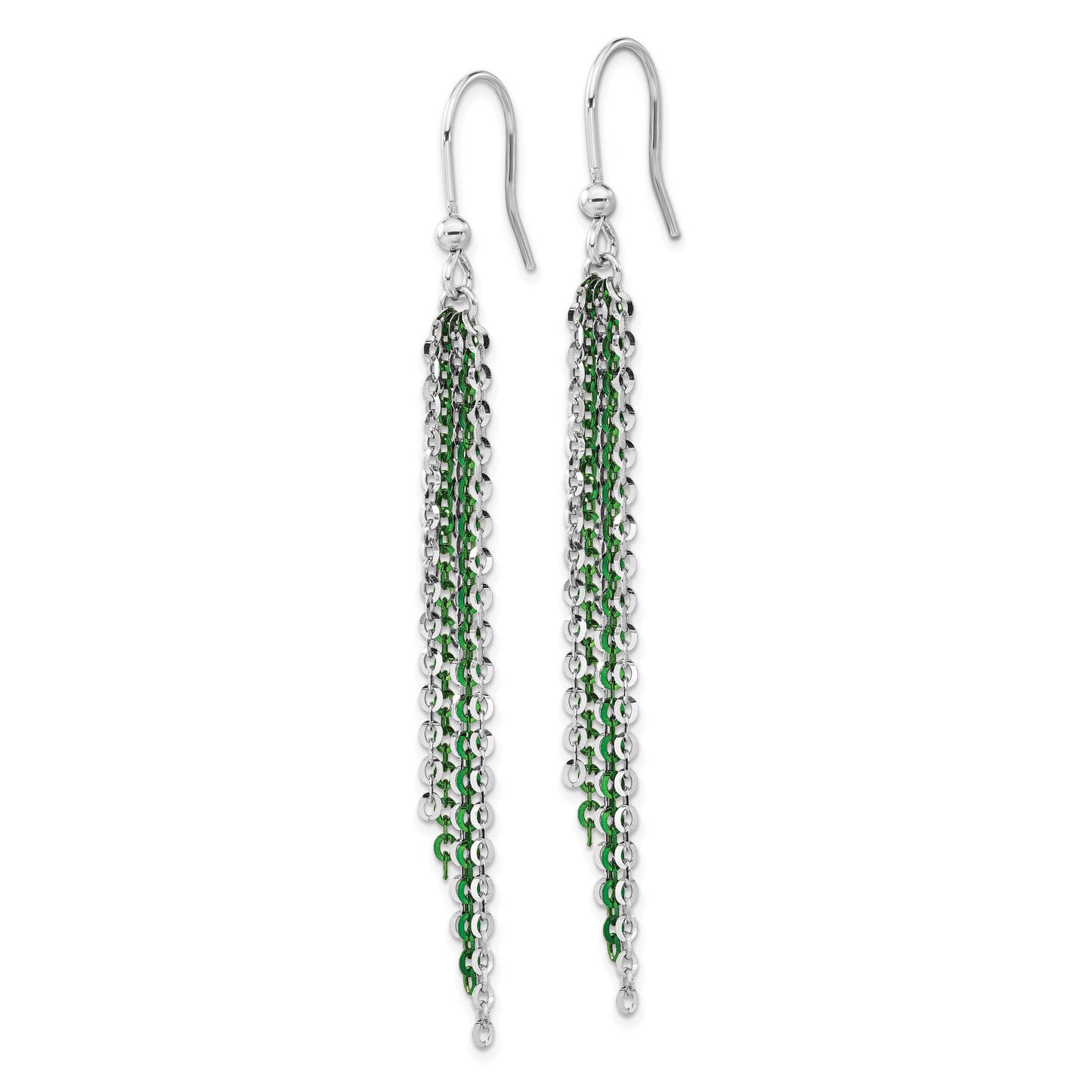 Sterling Silver Rhodium & Green Flash-Plated Chain Dangle Earrings