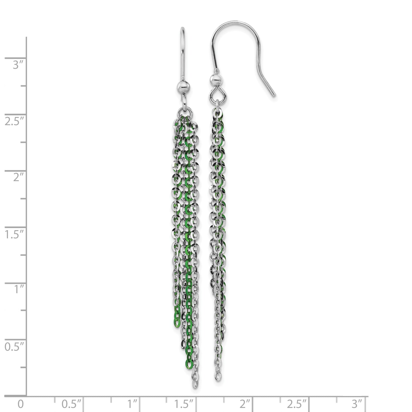 Sterling Silver Rhodium & Green Flash-Plated Chain Dangle Earrings