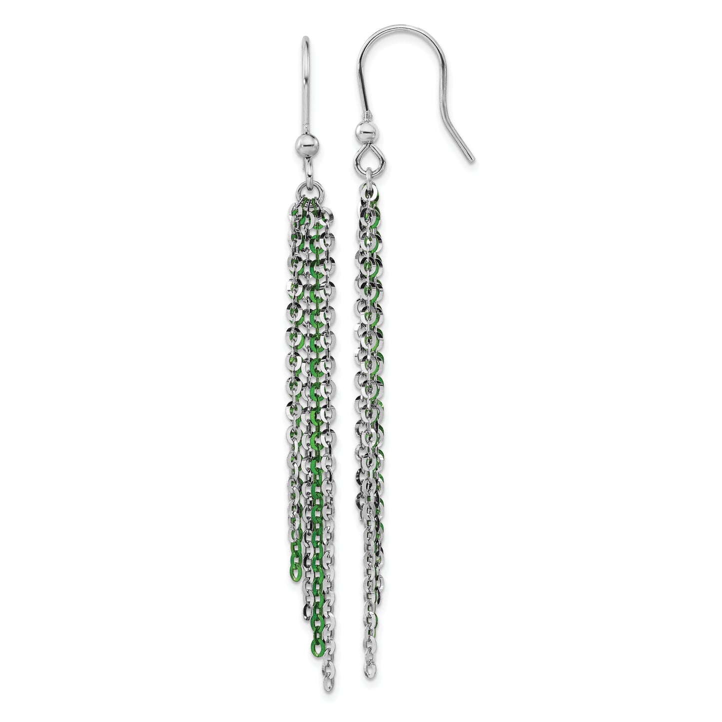 Sterling Silver Rhodium & Green Flash-Plated Chain Dangle Earrings