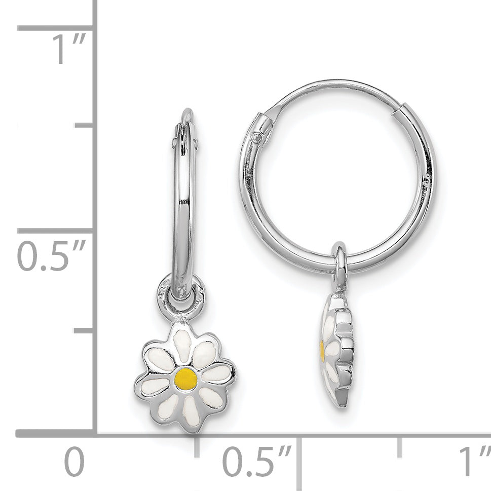 Sterling Silver Rhodium-Plated Polished Yellow & White Enamel Daisy Dangle Children'S Round Hoop Earrings