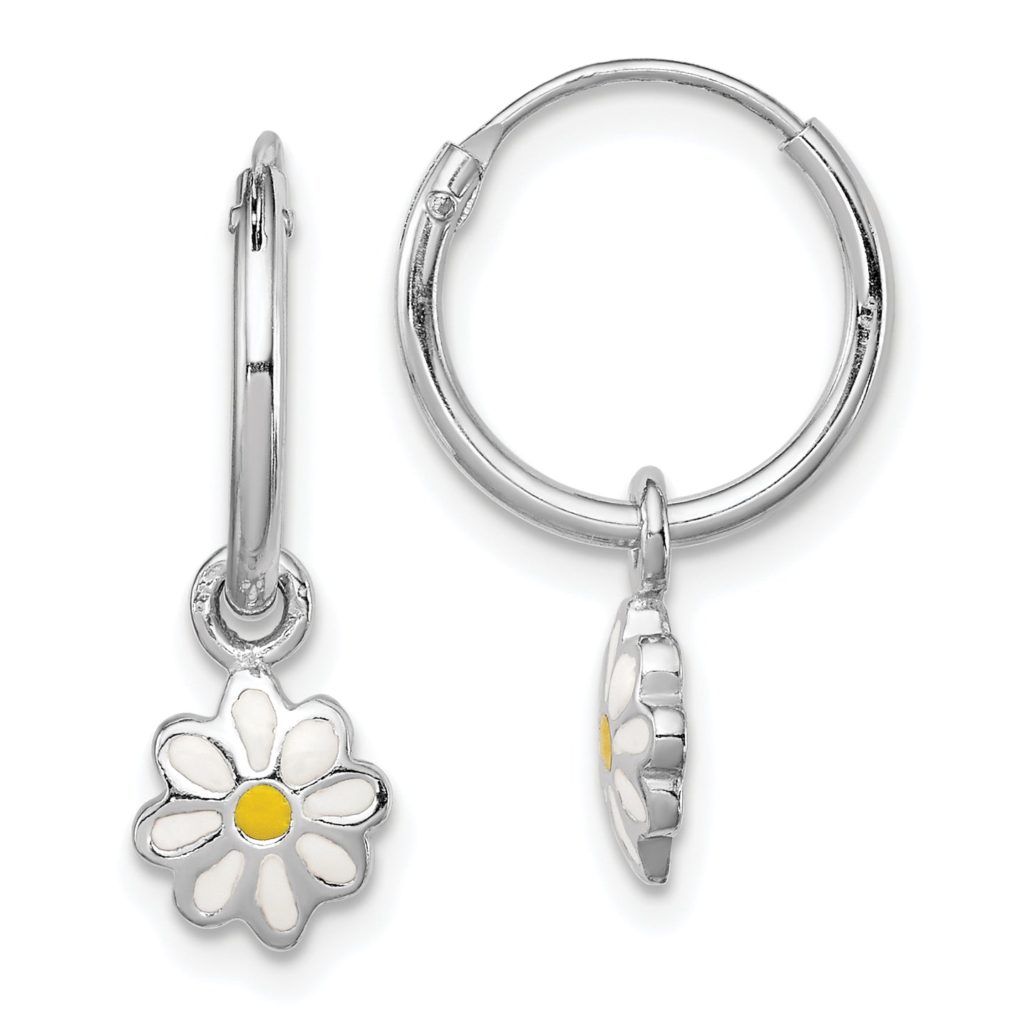 Sterling Silver Rhodium-Plated Polished Yellow & White Enamel Daisy Dangle Children'S Round Hoop Earrings