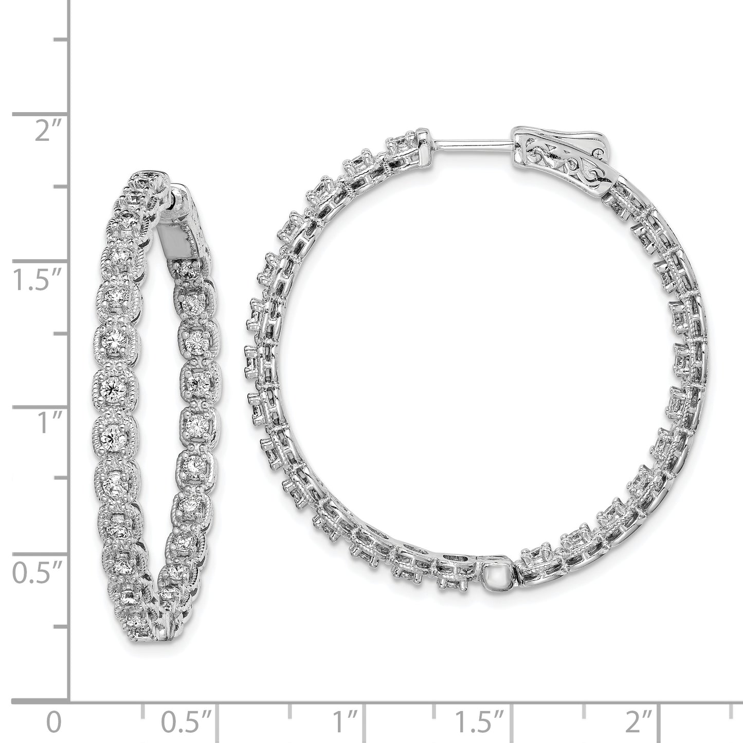 Sterling Silver Shimmer Rhodium-Plated 50 Stone 2.0mm Cz In And Out Round Hinged Hoop Earrings