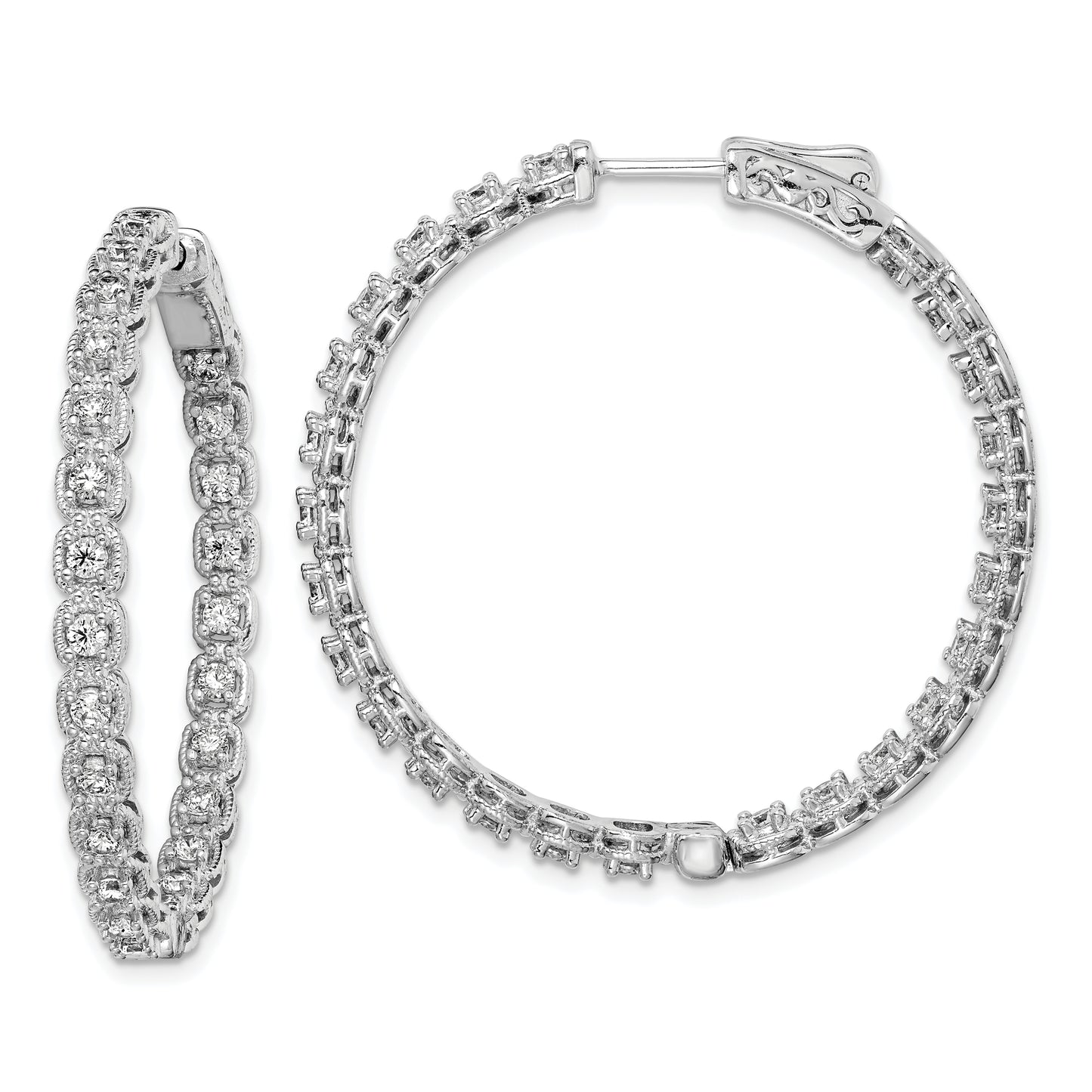 Sterling Silver Shimmer Rhodium-Plated 50 Stone 2.0mm Cz In And Out Round Hinged Hoop Earrings