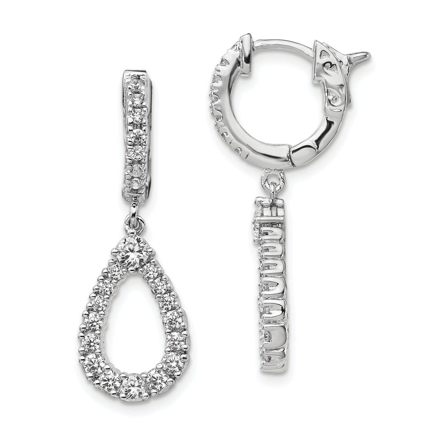 Sterling Silver Shimmer Rhodium-Plated 46 Stone Cz Open Teardrop Dangle Hinged Hoop Earrings