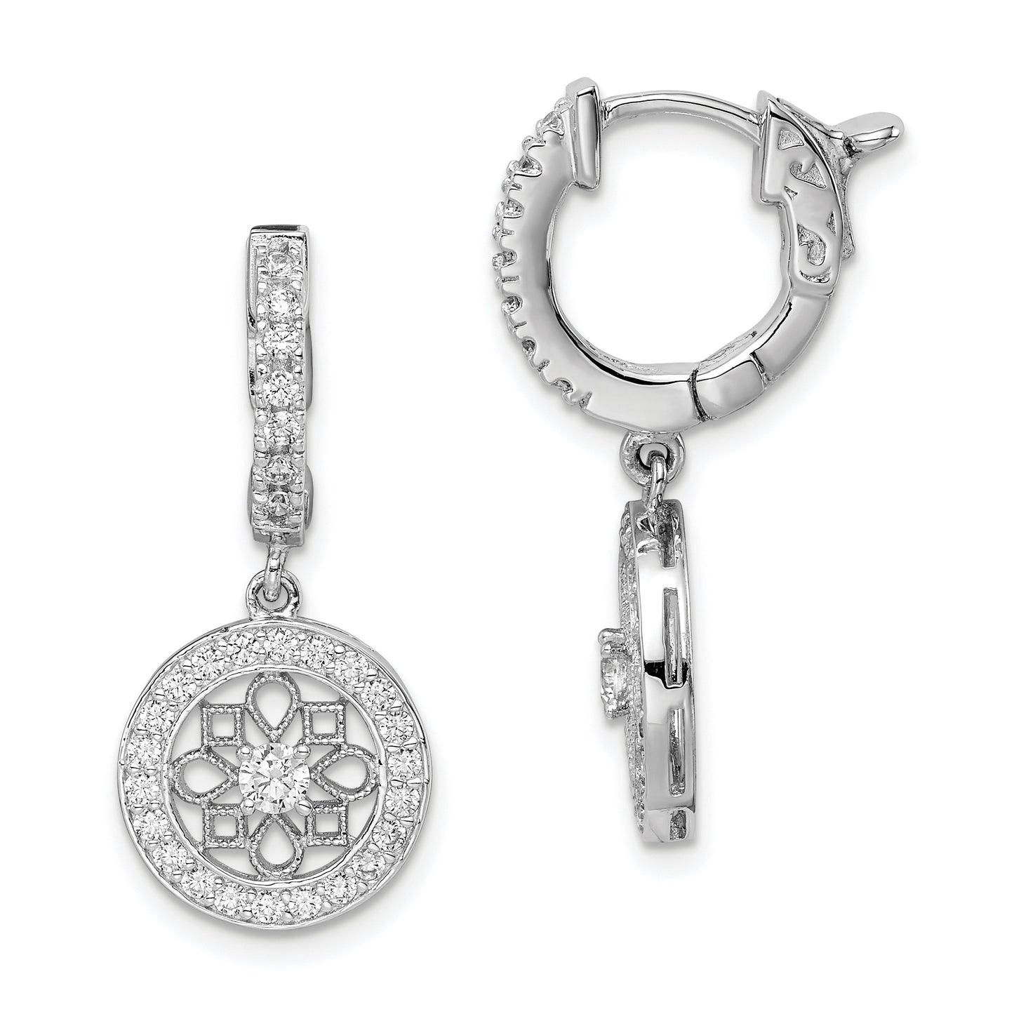 Sterling Silver Shimmer Rhodium-Plated 60 Stone Cz Fancy Dangle Hinged Hoop Earrings