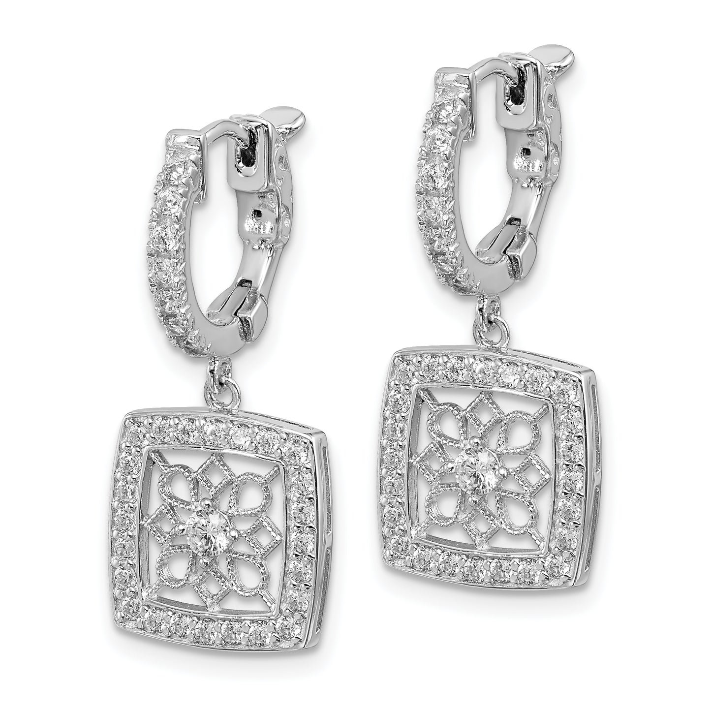 Sterling Silver Shimmer Rhodium-Plated 64 Stone Cz Square Dangle Hinged Hoop Earrings