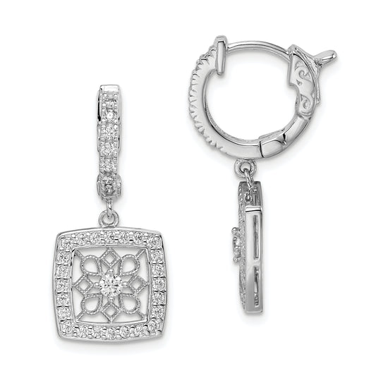 Sterling Silver Shimmer Rhodium-Plated 64 Stone Cz Square Dangle Hinged Hoop Earrings