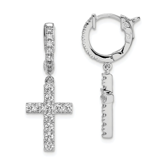 Sterling Silver Shimmer Rhodium-Plated 36 Stone Cz Cross Dangle Hinged Hoop Earrings