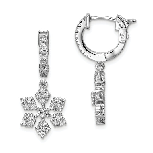 Sterling Silver Shimmer Rhodium-Plated 64 Stone Cz Snowflake Dangle Hinged Hoop Earrings