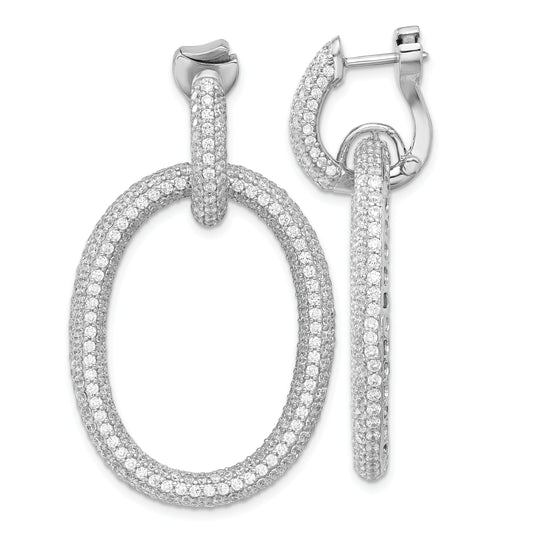 Sterling Silver Rhodium-Plated Cz Oval Hinged Hoop Dangle Earrings