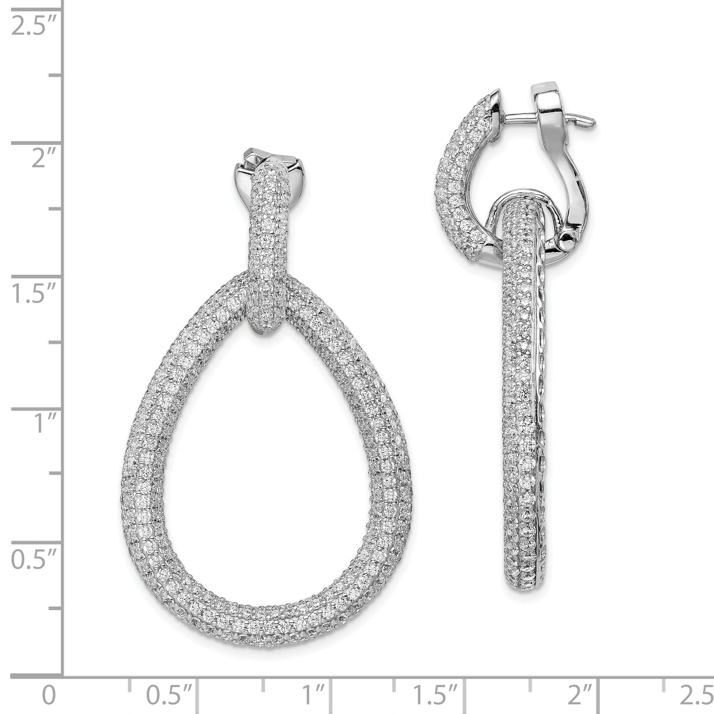 Sterling Silver Shimmer Rhodium-Plated 716 Stone Pav Cz Hinged Teardrop Hoop Earrings