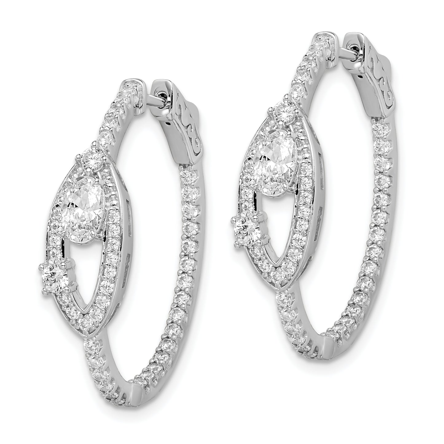 Sterling Silver Shimmer Rhodium-Plated 88 Stone Cz Fancy In And Out Oval Hinged Hoop Earrings