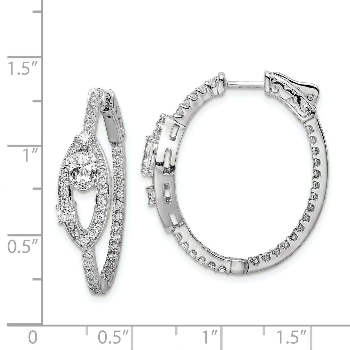 Sterling Silver Shimmer Rhodium-Plated 88 Stone Cz Fancy In And Out Oval Hinged Hoop Earrings