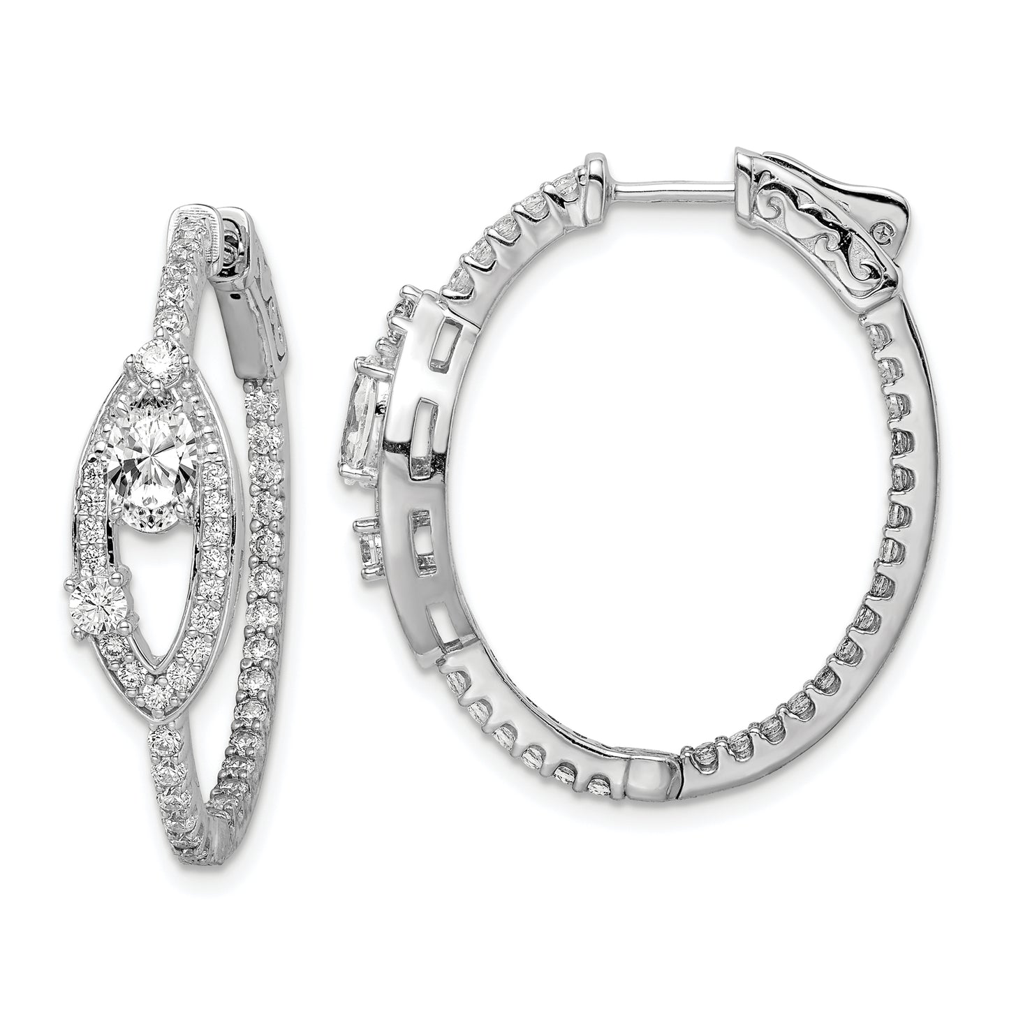 Sterling Silver Shimmer Rhodium-Plated 88 Stone Cz Fancy In And Out Oval Hinged Hoop Earrings