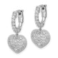 Sterling Silver Shimmer Rhodium-Plated 86 Stone Cz Pav Heart Dangle Hinged Hoop Earrings