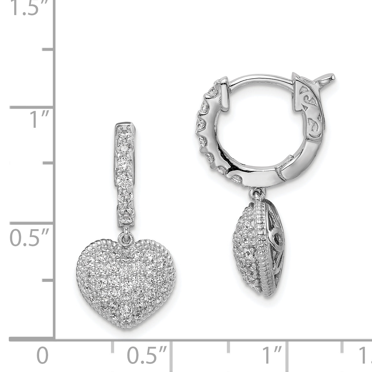 Sterling Silver Shimmer Rhodium-Plated 86 Stone Cz Pav Heart Dangle Hinged Hoop Earrings