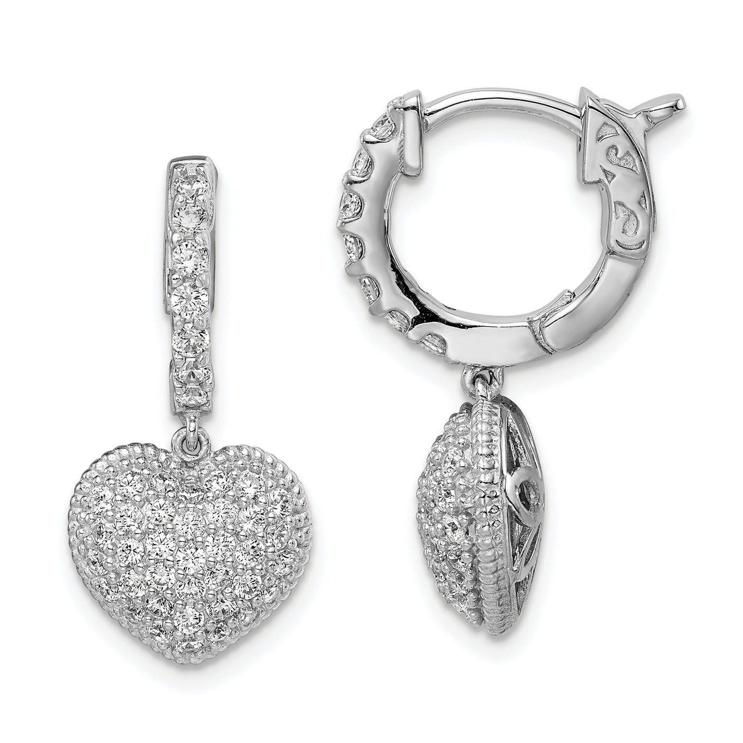 Sterling Silver Shimmer Rhodium-Plated 86 Stone Cz Pav Heart Dangle Hinged Hoop Earrings