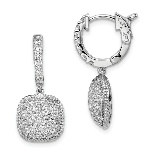 Sterling Silver Shimmer Rhodium-Plated 88 Stone Cz Pav Square Dangle Hinged Hoop Earrings