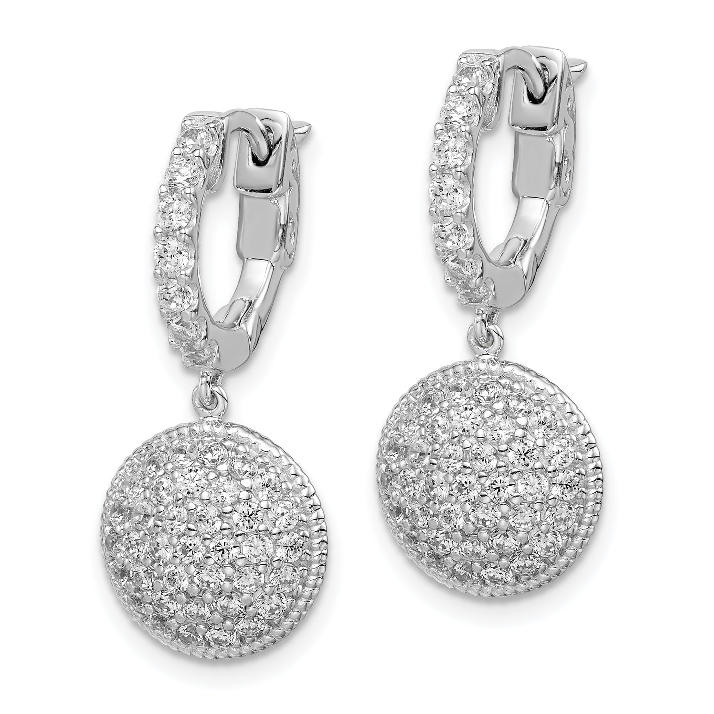 Sterling Silver Shimmer Rhodium-Plated 88 Stone Cz Pav Circle Dangle Hinged Hoop Earrings