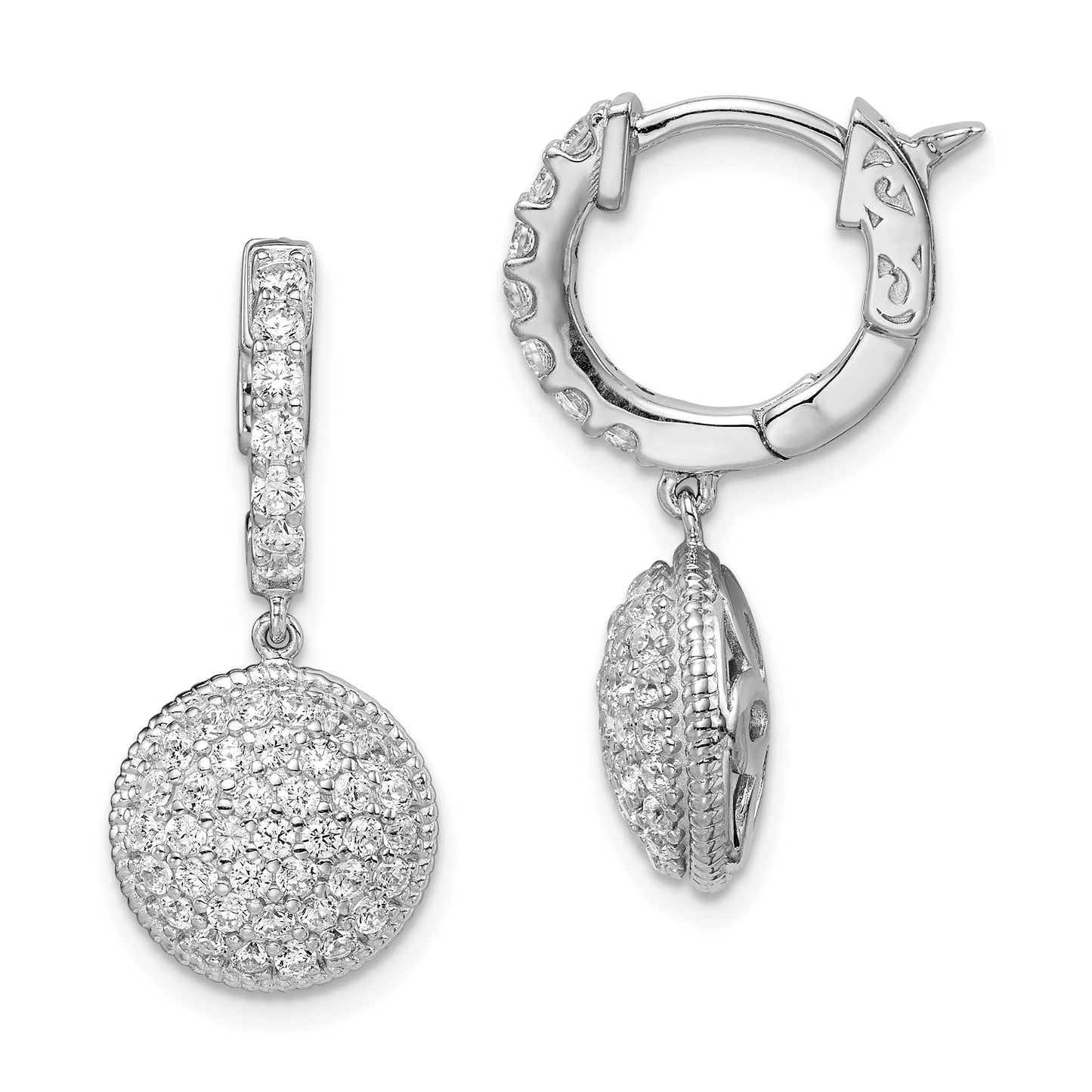 Sterling Silver Shimmer Rhodium-Plated 88 Stone Cz Pav Circle Dangle Hinged Hoop Earrings