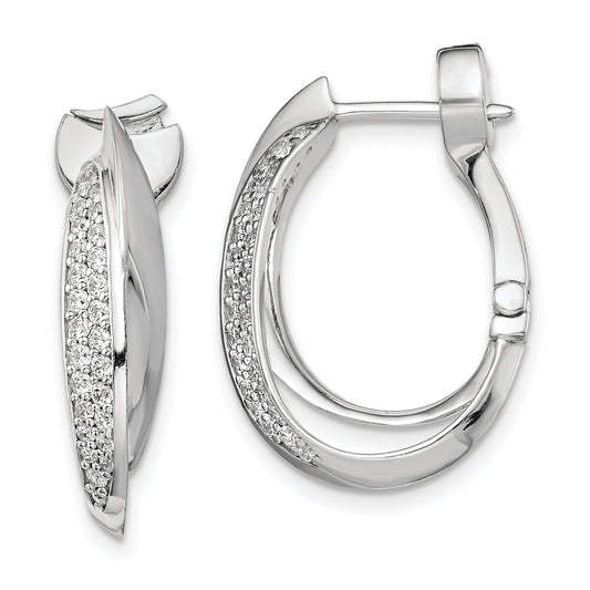 Sterling Silver Shimmer Rhodium-Plated 56 Stone Pav Cz Double Twisted Oval Hinged Hoop Earrings