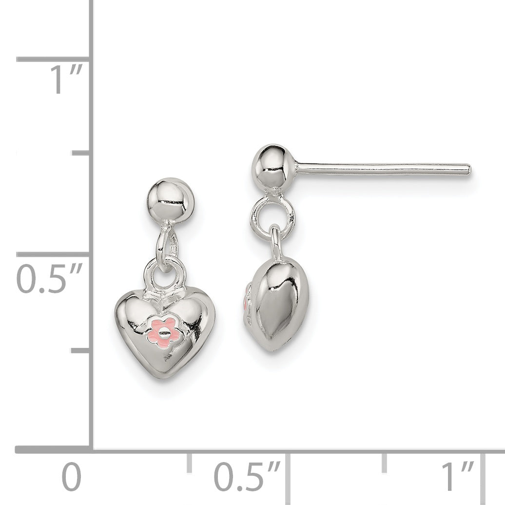 Sterling Silver Polished Pink Enamel Flower Heart Children'S Post Dangle Earrings