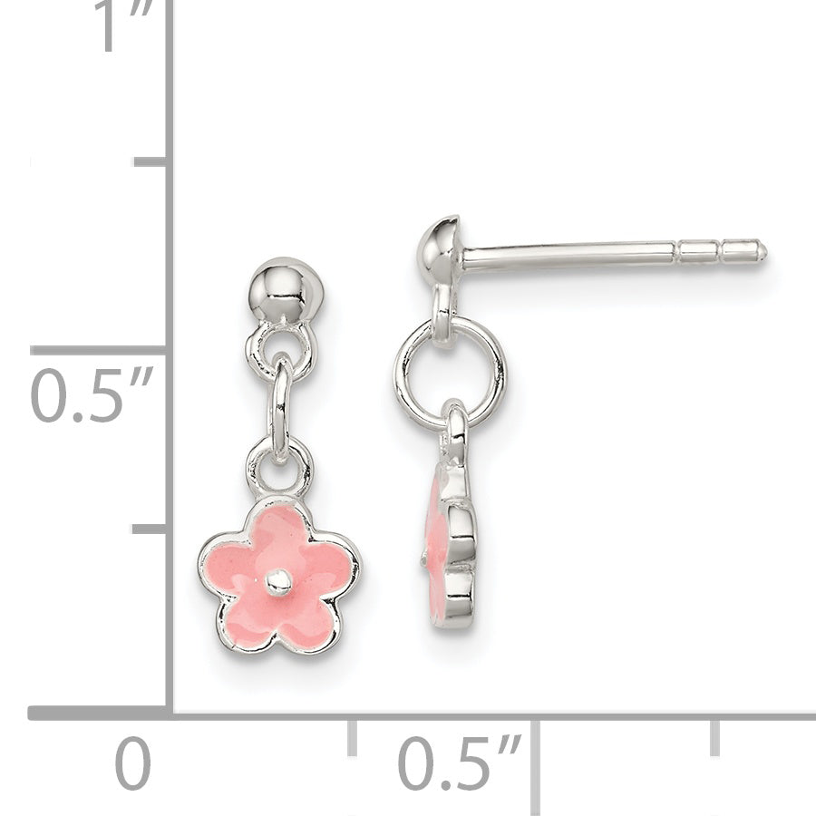 Sterling Silver Polished Pink Enameled Flower Children'S Post Dangle Earrings