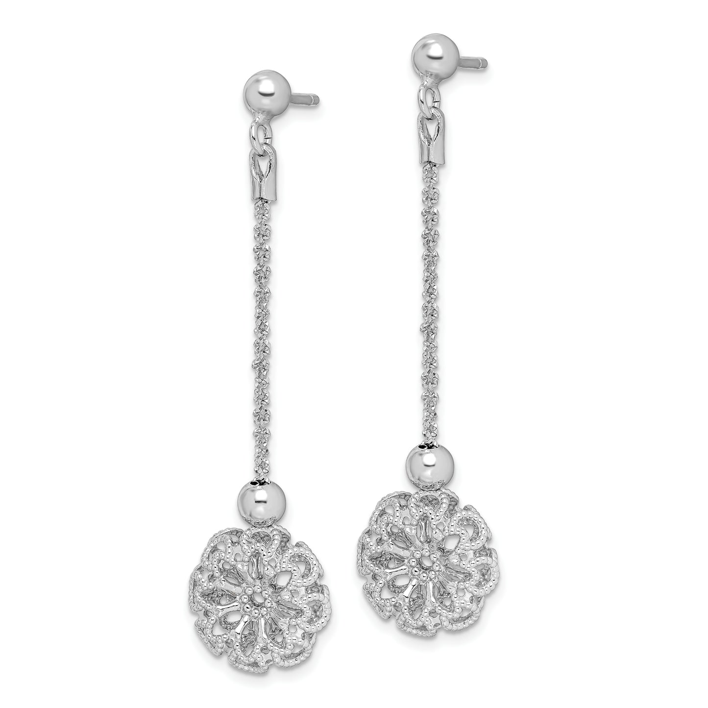 Sterling Silver Rh-Plated D/C Flower Post Dangle Earrings