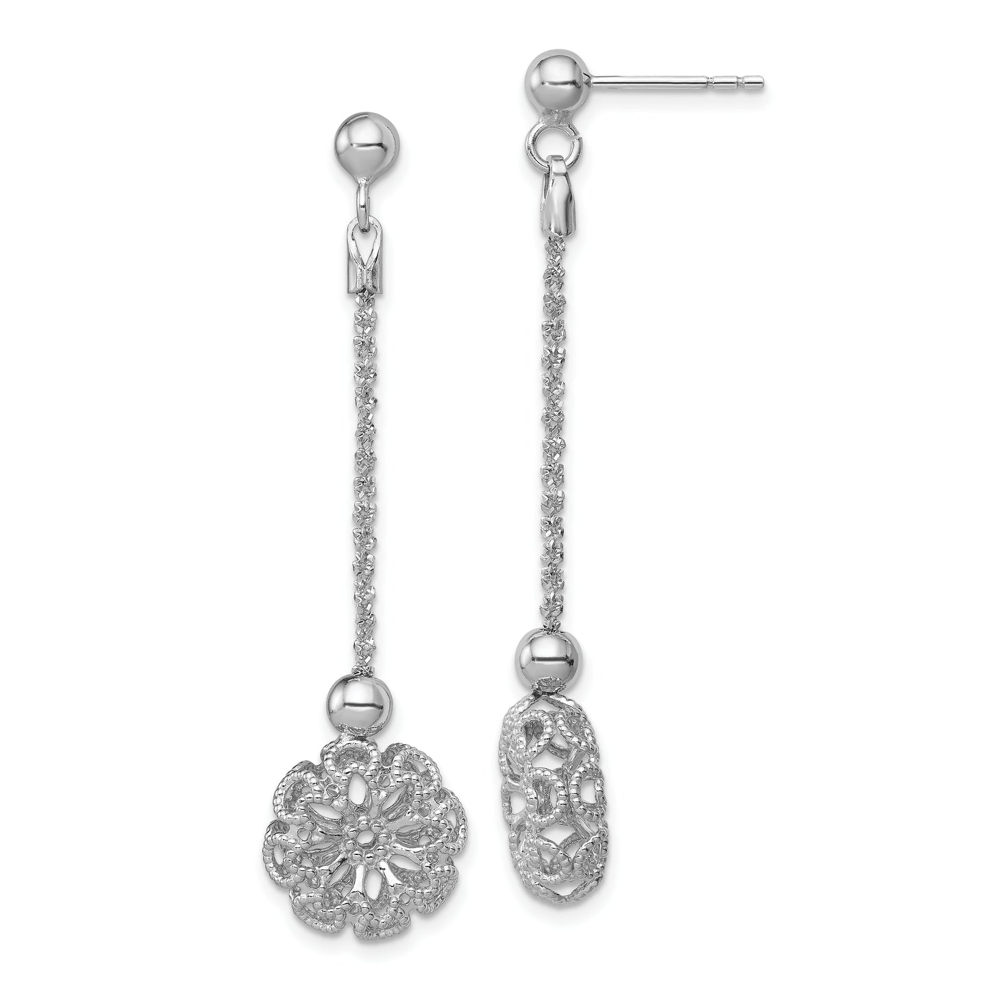 Sterling Silver Rh-Plated D/C Flower Post Dangle Earrings