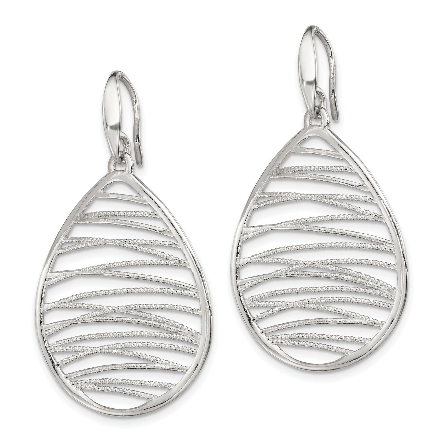 Sterling Silver Rhod-Pltd Polished/Textured Teardrop Dangle Earrings