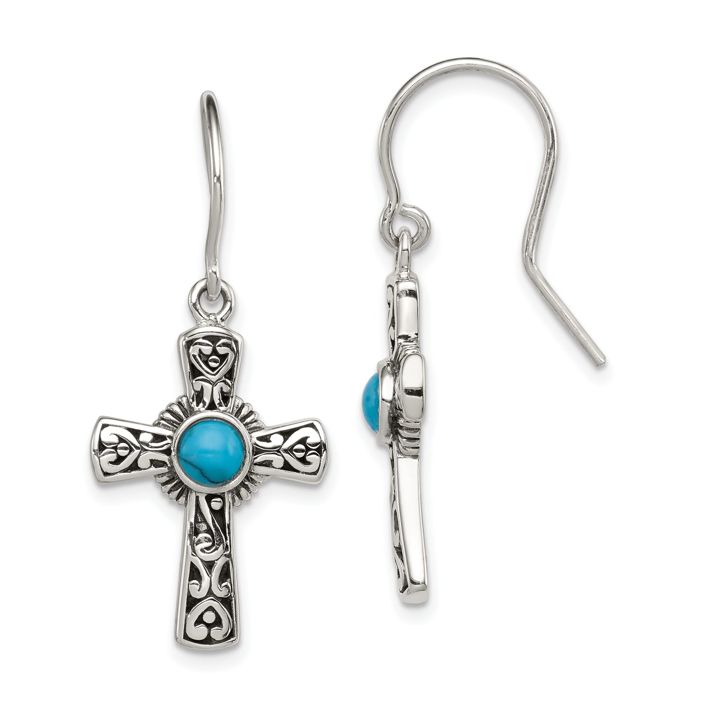 Sterling Silver Antiqued Recon Turquoise Cross Shepherd Hook Earrings