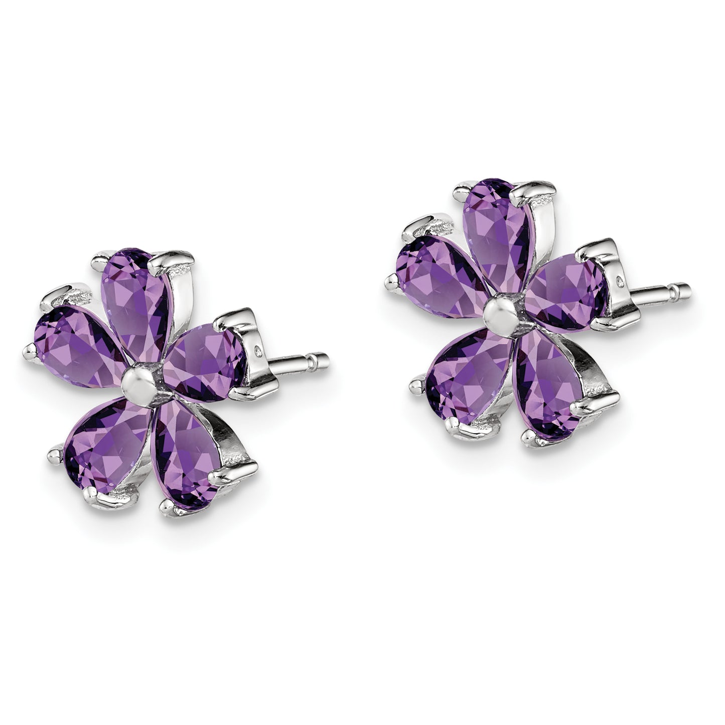 Sterling Silver Rhodium Plated Amethyst Floral Earrings