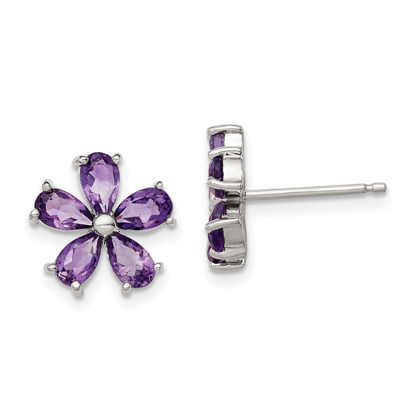 Sterling Silver Rhodium Plated Amethyst Floral Earrings