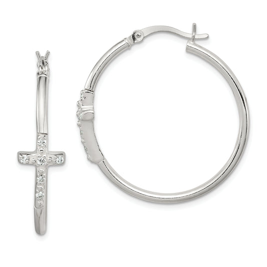 Sterling Silver Polished Cz Cross 2.5mm Round Hoop Earrings