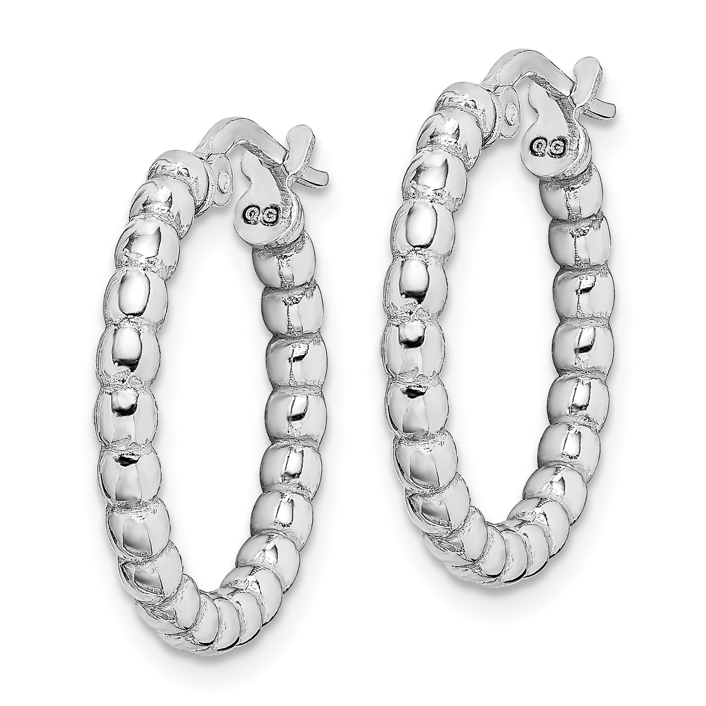 Sterling Silver Rhodium-Plated Beaded 3X15mm Hoop Earrings