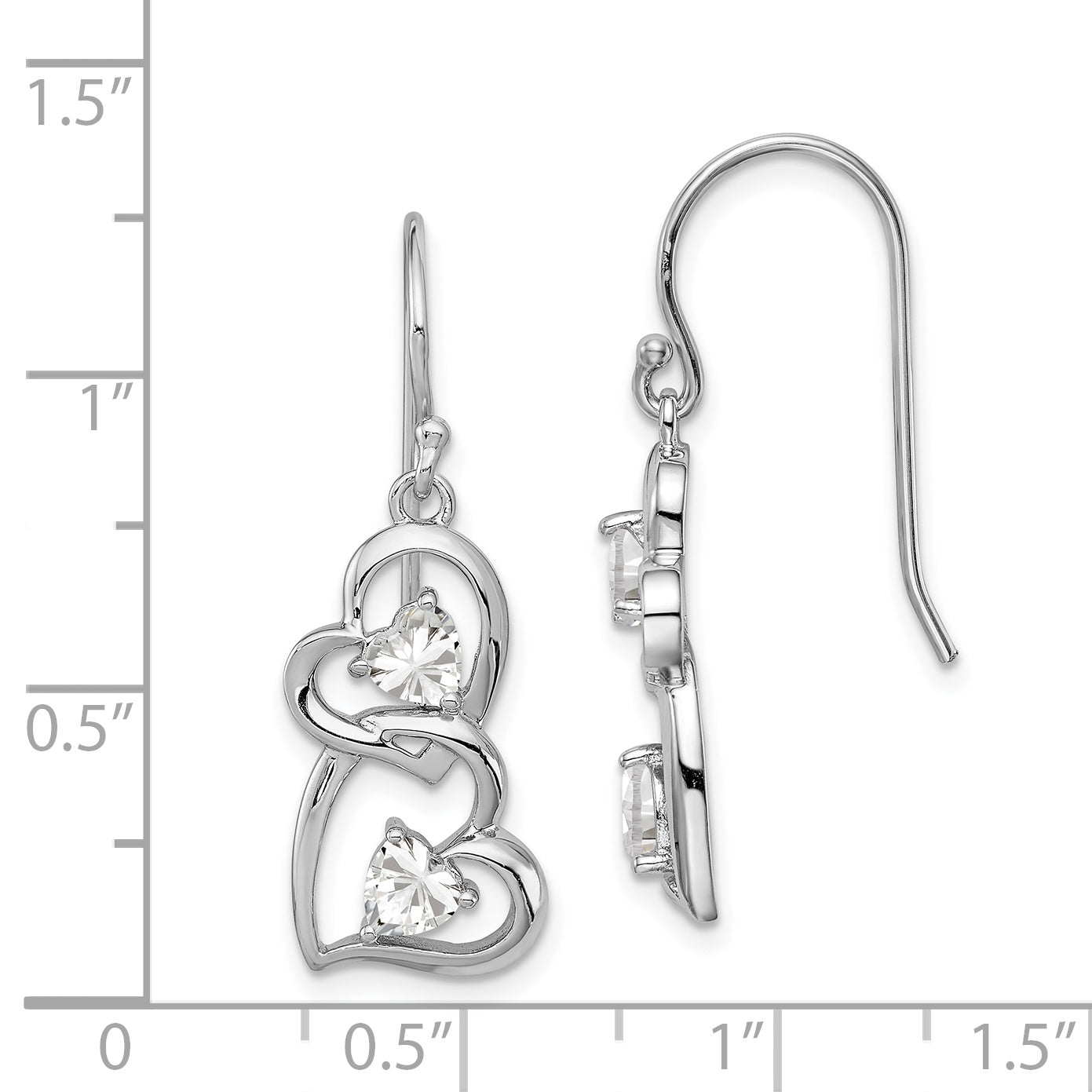 Sterling Silver Rh-Plated Cz Heart Dangle Shepherd Hook Earrings