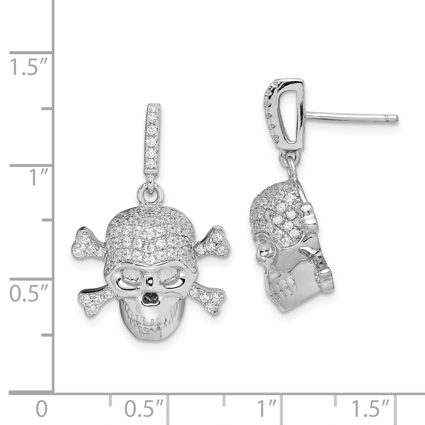 Sterling Silver Rhodium-Plated Cz Skull Dangle Post Earrings