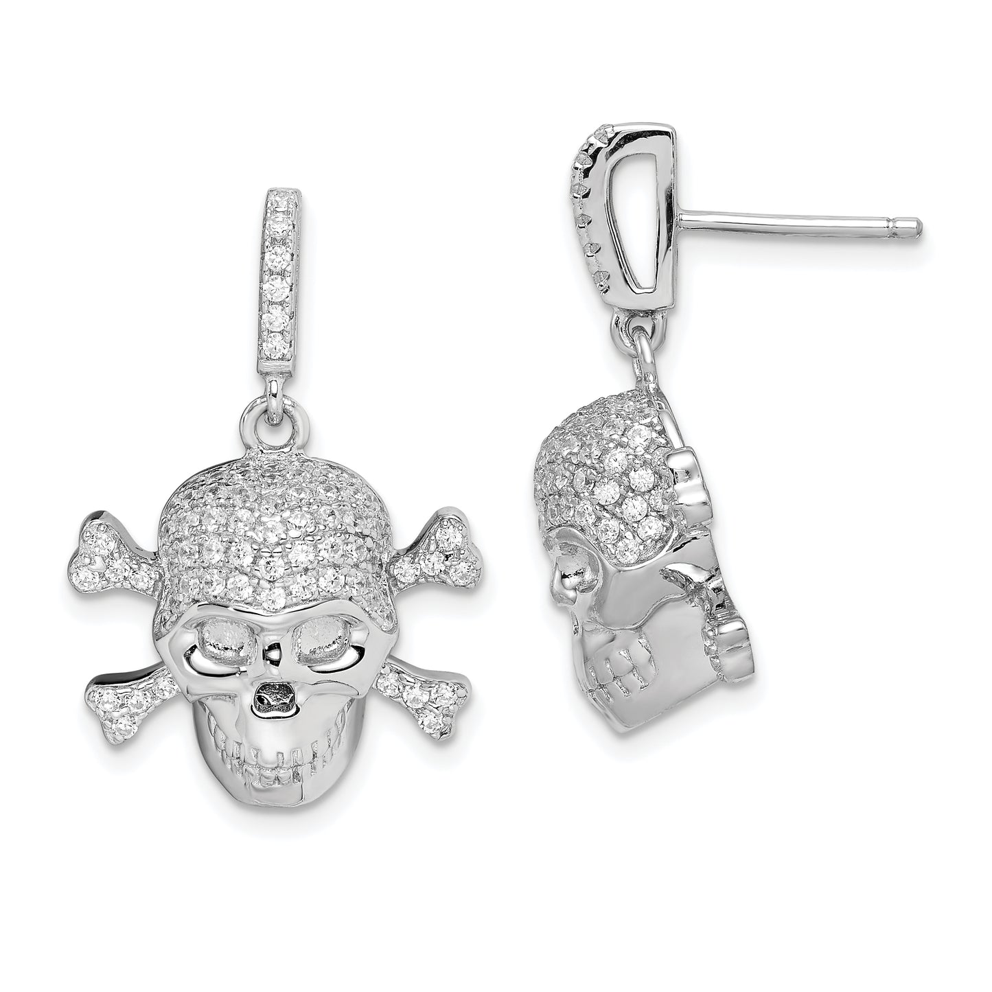 Sterling Silver Rhodium-Plated Cz Skull Dangle Post Earrings