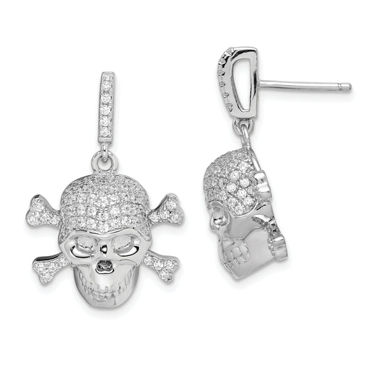 Sterling Silver Rhodium-Plated Cz Skull Dangle Post Earrings