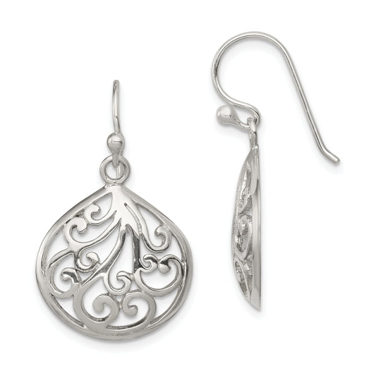 Sterling Silver Polished Filigree Swirl Wide Teardrop Dangle Earrings