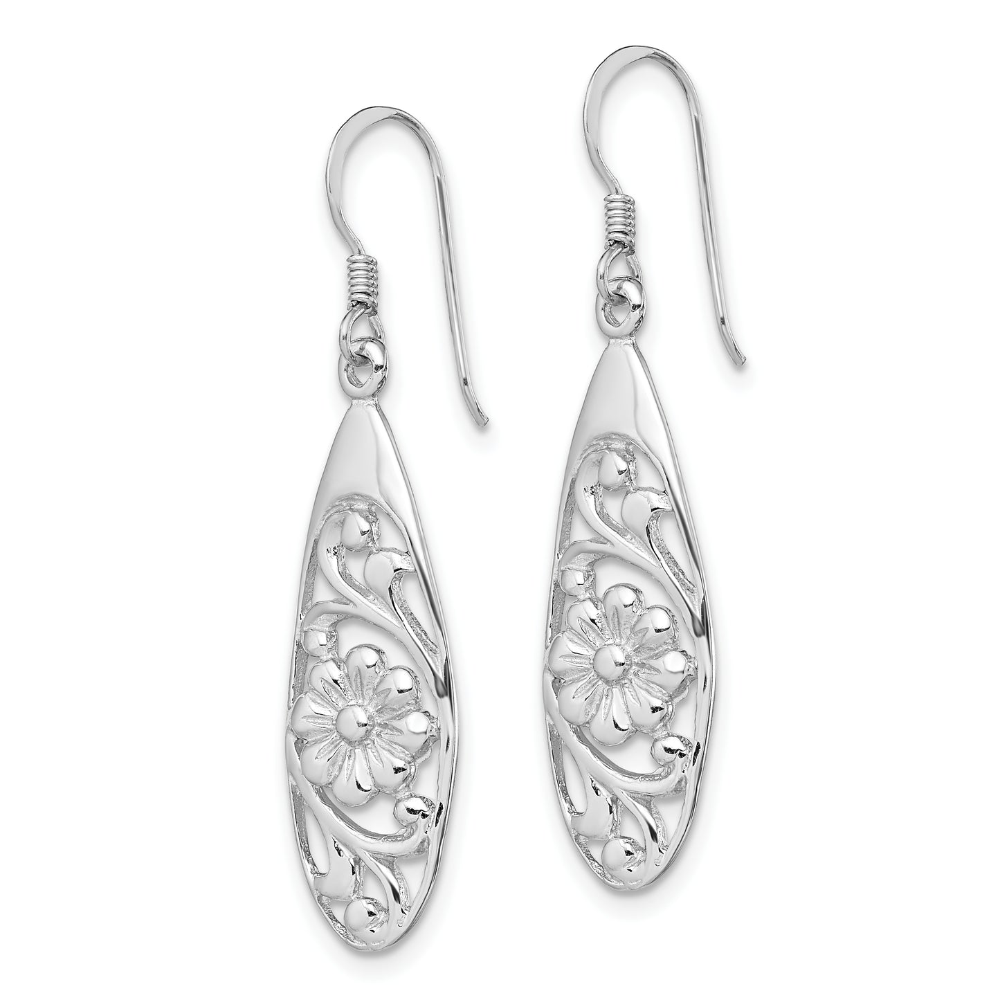 Sterling Silver Rhodium-Plated Polished Fancy Flower Dangle Earrings